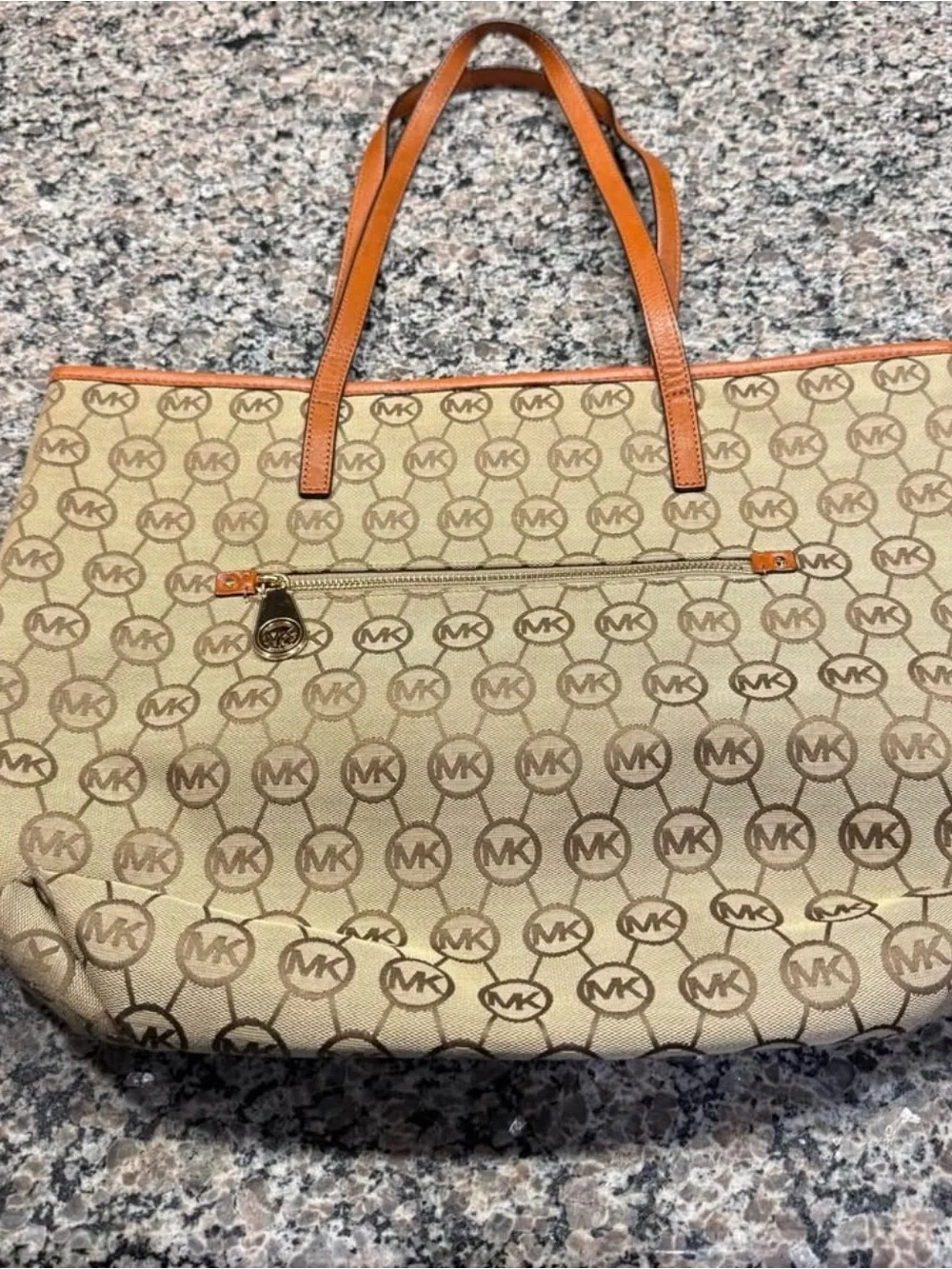 Michael Kors Beige Signature Tote with Tan Leather Handles